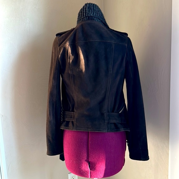 ALL SAINTS NWOT Brown Suede Leather Jacket Biker Wool Shawl Scarf UK 6 US 2 XS - Picture 5 of 9